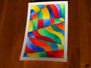 A painting of brightly-coloured waves, interrupted by straight lines, each at a different angle.