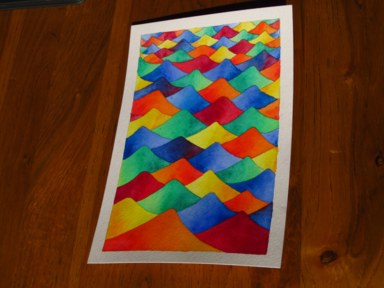 A painting of multiple brightly-coloured, overlapping peaks.