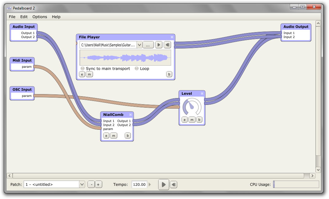 Screenshot of the software. Shows a horizontal node interface with the following nodes (from left to right): Audio Input, Midi Input, OSC (Open Sound Control) Input, File Player (sound-file player), NiallComb (a comb filter plugin I created), Level, and Audio Output.