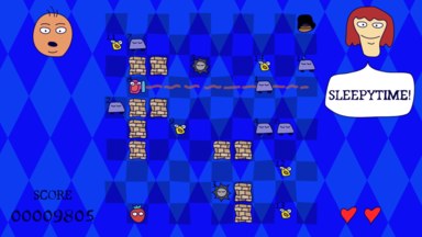 A screenshot of the game. Against a diamond pattern blue background is a 10 by 10 grid, with various walls, enemies, and the player character on it. Either side of the grid are 2 disembodied heads. The head on the right has a speech bubble saying 'Sleepytime!'.
